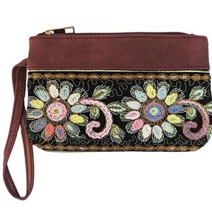 Floral Wristlet Clutch Burgundy Vegan Suede